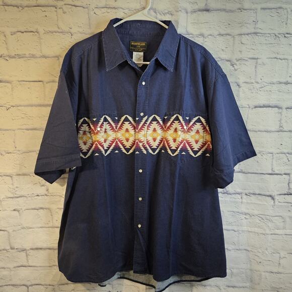 Rustler Wrangler Men's Navy Aztec Pearl Snap Short Sleeve Button Up Shirt 2X - Picture 1 of 4